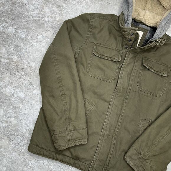 American Eagle Sherpa Lined Canvas Jacket Olive Green Plaid Hood L - Picture 6 of 13